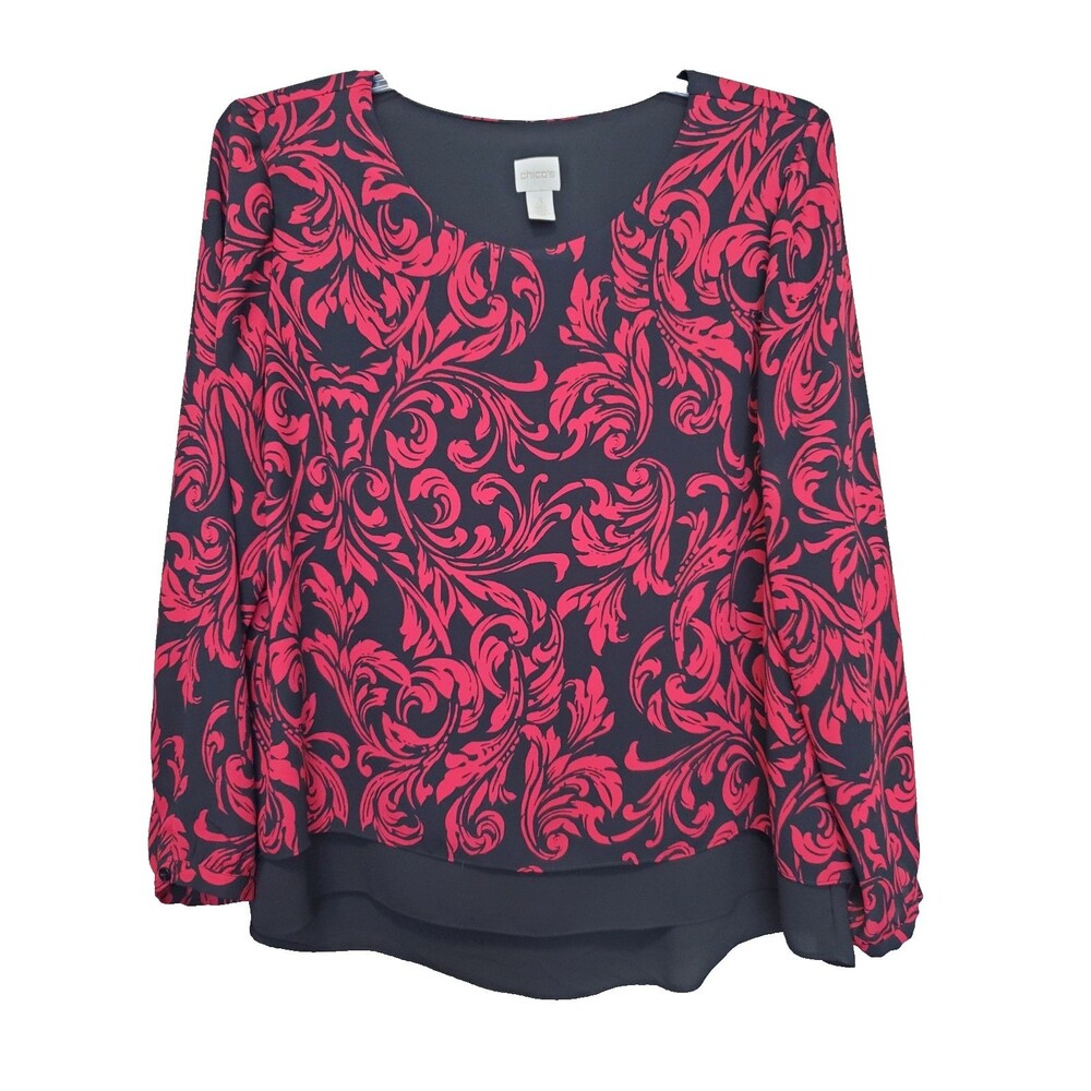 Chico's Rashida Red Scroll Layered Long Sleeve Blouse Size 3 (XL) Lagenlook